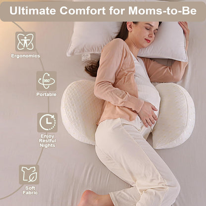 The SHANNA New Pregnancy Pillow is adjustable and comfortable for adults. It is a full body support pillow that can also be used as a nursing pillow. The cover is removable and washable. It is white in color.