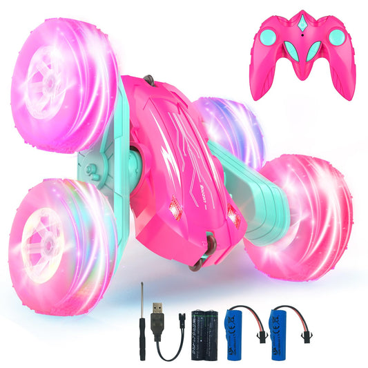 Rodzon Remote Control Car Crawler for Girls Ages 3 4 5 6 7 8 9+ LED Blinking Toy Girls Gifts Kids Toy 2.4Ghz 4WD 360° Flip RC Car with 2 Rechargeable Batteries (Pink)