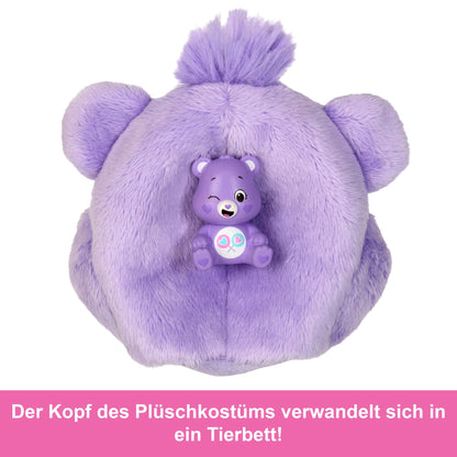 Barbie doll with accessories, Care Bears collection, fashion doll in fuzzy Care Bears costume with 10 surprises, including color change and mini Care Bear, JCN94.