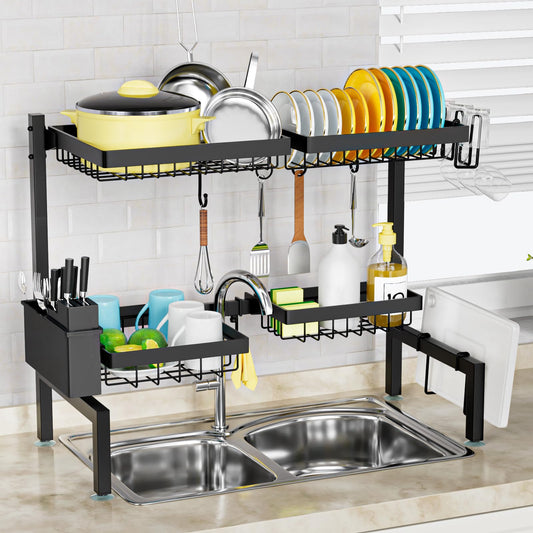 SNSLXH 3-tier dish drying rack with 6 baskets, 63-89.9 cm, sink dish drying rack, large kitchen sink shelf, extendable and adjustable, saves space in the kitchen.