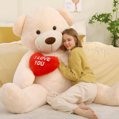 MorisMos 150cm giant Teddy bears with heart, beige large teddy bear XXL plush toy, cuddly plush bear XXXL, Valentine's Day birthday love gift partner wife mother children girlfriend