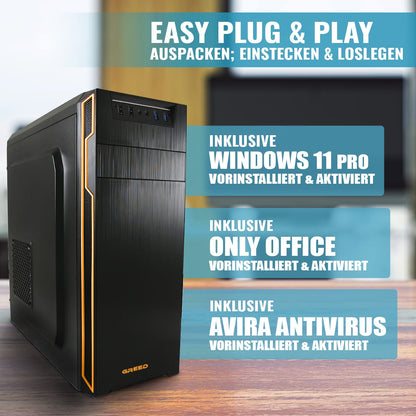 GREED® Basic PC with Intel Celeron G5905 - Fast computer for office & home office with 3.5 GHz, 8GB RAM, 512 GB SSD, DVD+RW, USB 3.0, WLAN, including Windows 11 Pro.