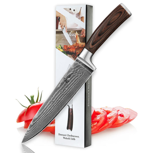 Wakoli EDIB Damascus Chef's Knife 20 cm | Sharp kitchen knife with 67 layers of damascus steel & VG10 core | Ergonomic pakkawood handle | Professional chef's knife in gift box - For precise cuts in the kitchen.