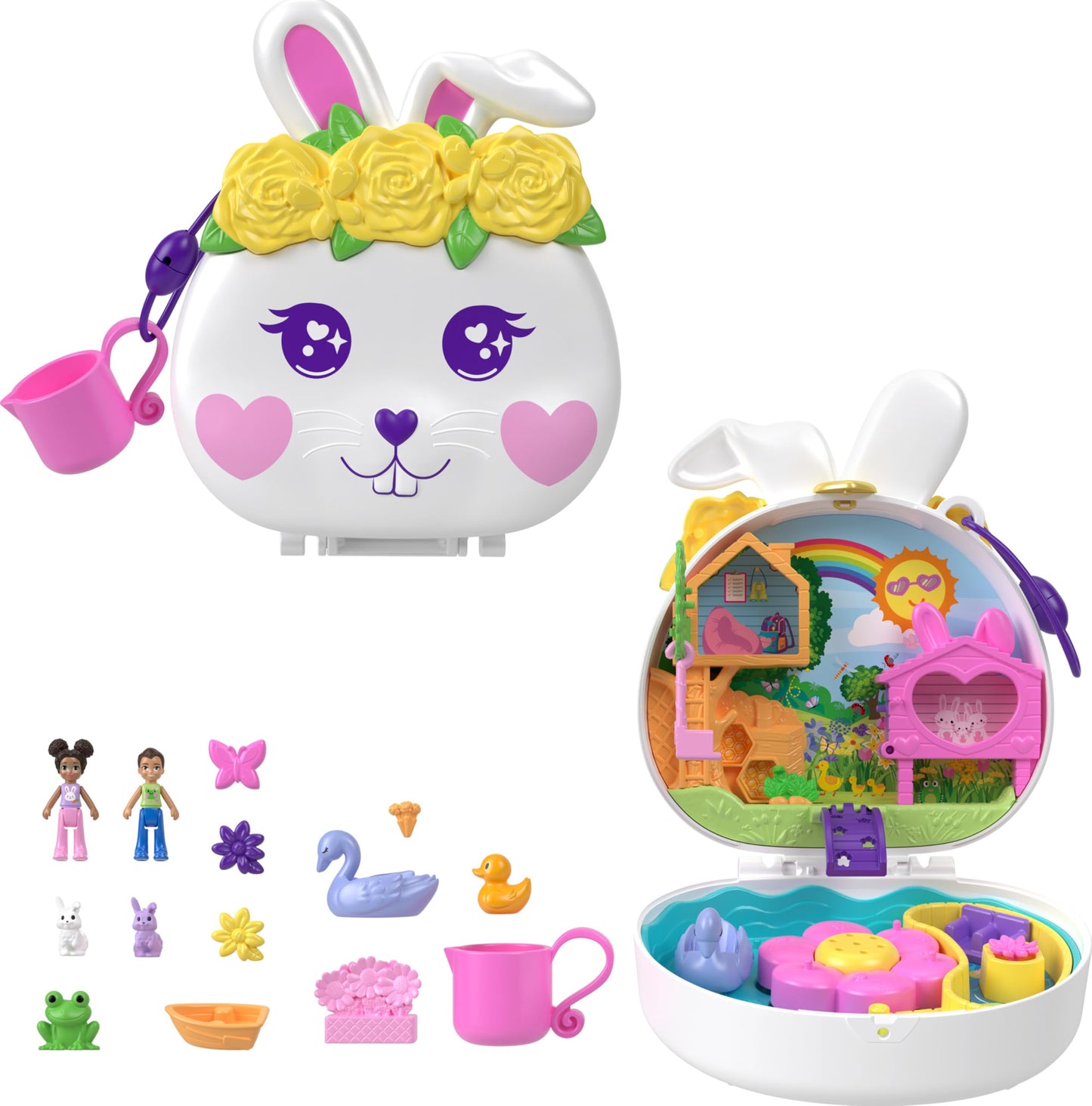 Polly Pocket Flower Bunny Compact - Playset with water fun and color change effect, 2 dolls, 12 accessories, and 5 features, for kids ages 4 and up, HKV36