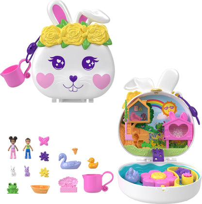 Polly Pocket Flower Bunny Compact - Playset with water fun and color change effect, 2 dolls, 12 accessories, and 5 features, for kids ages 4 and up, HKV36