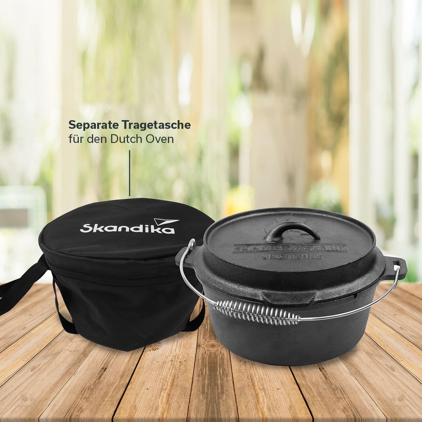 Skandika Dutch Oven Flame Master 5.1 L | Cast iron pot for cooking, includes recipe book by the Sauerländer BBCrew, pre-seasoned, without feet, lid lifter, carrying bag | Fire pot for grilling, camping