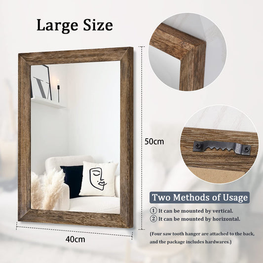 AAZZKANG Rustic Wood Mirror Rectangular Decorative Large Wall Mirror 50x40cm with Frame Bedroom Living Room Bathroom Hanging Mirror Brown