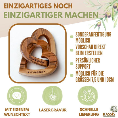 Kassis Gift Items Personalized Olive Wood Hearts for bride and groom, for Valentine's Day, anniversary, wedding day, birthday - connected wooden hearts - wedding gift - (7.50 cm)