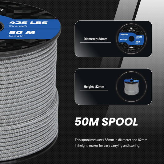 Abma Cord Paracord 3mm 50M 100% Nylon Rope Paracord 425 Type II Cord with 3 Strands for Crafting, Camping, Survival - Max. 192kg (425lbs) - Gray