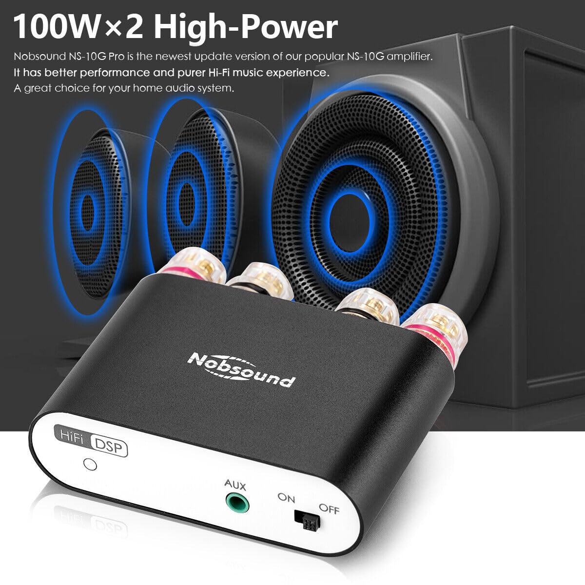 Nobsound NS-10G PRO Stereo Amplifier, Hi-Fi DSP 100W x 2 Bluetooth 5.0 Receiver, 2.0 Channel Power Audio Amplifier for Home Speakers Upgrade Version Mini Digital Amplifier (Black)