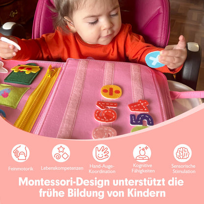 hahaland Montessori Busy Board, Interactive Learning Toy and Activity Board for Kids with 15 Activities. Perfect Busy Book Gift for Boys and Girls, Ideal for Traveling in Cars or Airplanes.