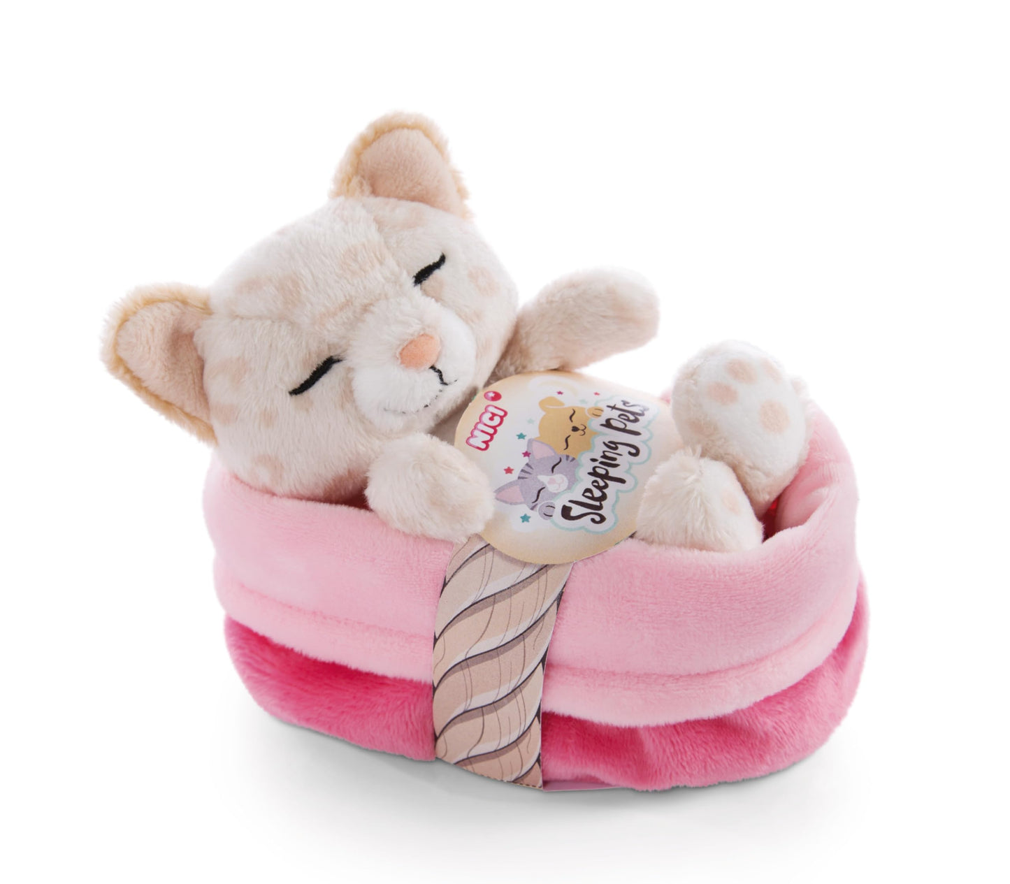 NICI cuddly toy cat in basket 12 cm - Sleeping Pets plush cat with leopard print for girls, boys & babies - stuffed cat for cuddling, playing & sleeping - cozy cuddly toy