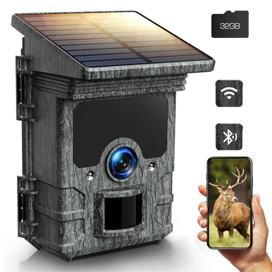 VOOPEAK Wildlife Camera Solar WiFi 4K 30fps 85MP, wildlife camera with mobile transfer APP, game camera with motion detector night vision 120° wide angle IP66 waterproof with 32GB Micro SD card