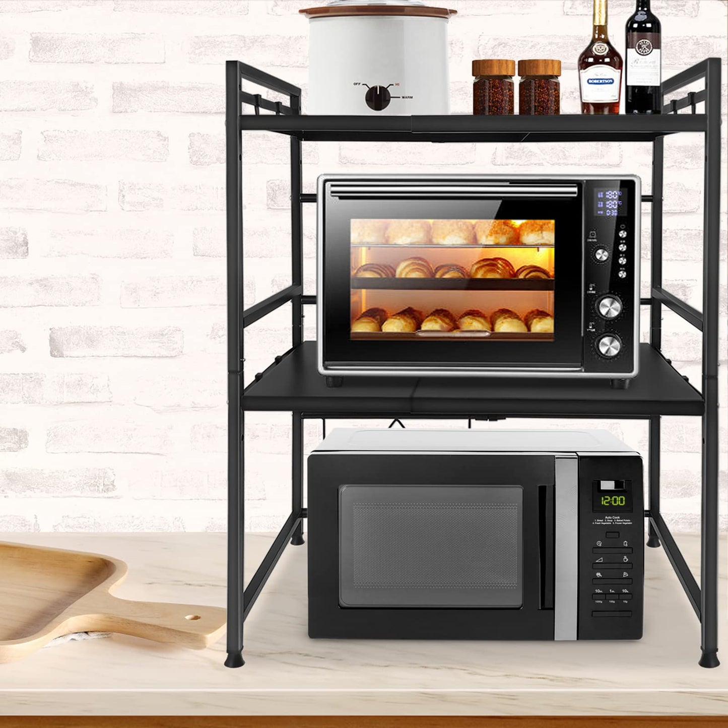 Expandable microwave shelf with 8 hooks, 3-tier microwave stand rack microwave holder baker shelf organizer for kitchen countertops, Black