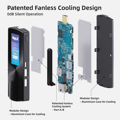 MeLE PCG02 fanless mini PC stick, Celeron J4125 8GB 256GB micro desktop computer stick, supports HDMI Wi-Fi5 Gigabit Ethernet, BT4.2 in business office industrial IoT media home.