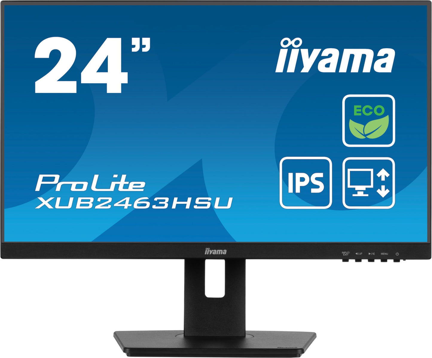 iiyama Prolite XUB2463HSU-B1 23.8" IPS LED Monitor with Full HD resolution, 100Hz refresh rate, HDMI, DP, USB3.2 ports, slim design, height adjustment, pivot function, FreeSync technology, energy class B, and black color.