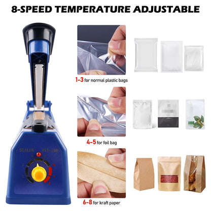 300 mm film sealing machine - Hand-operated sealer with 3 mm sealing width, 8-level temperature control, suitable for plastic bags, aluminum foil bags, kraft paper bags Blue