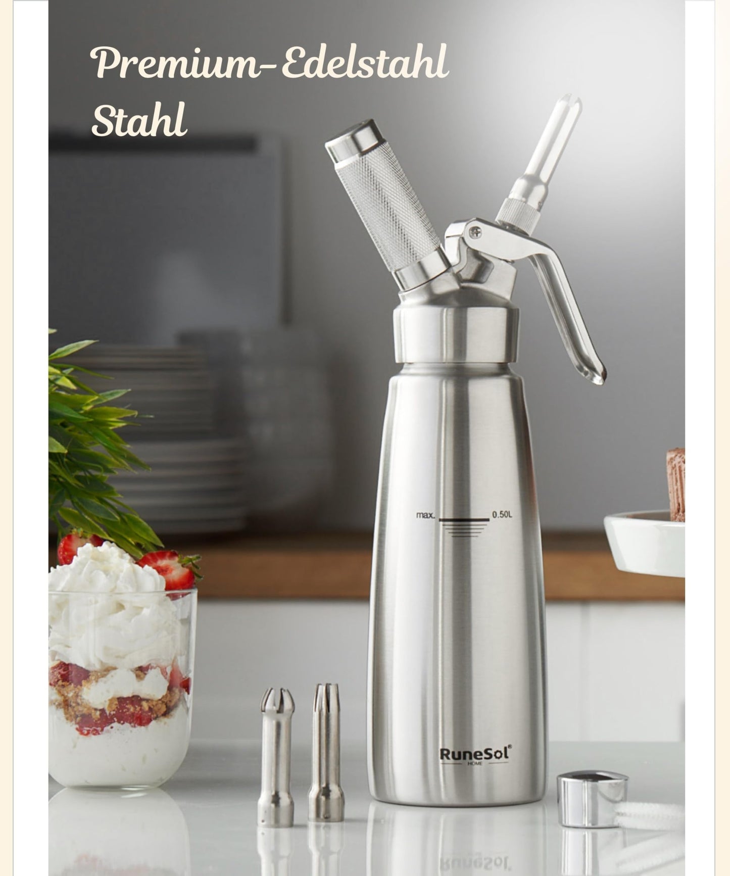 Runesol Cream Dispenser Stainless Steel 500ml, Leak-proof Easy-to-Clean Cream Whipper, Professional Dessert Whipped Cream Dispenser with 3 Decorating Tips, Whipped Cream Maker Whip Cream Dispenser.