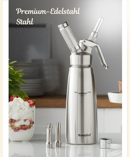 Runesol Cream Dispenser Stainless Steel 500ml, Leak-proof Easy-to-Clean Cream Whipper, Professional Dessert Whipped Cream Dispenser with 3 Decorating Tips, Whipped Cream Maker Whip Cream Dispenser.