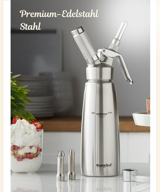 Runesol Cream Dispenser Stainless Steel 500ml, Leak-proof Easy-to-Clean Cream Whipper, Professional Dessert Whipped Cream Dispenser with 3 Decorating Tips, Whipped Cream Maker Whip Cream Dispenser.