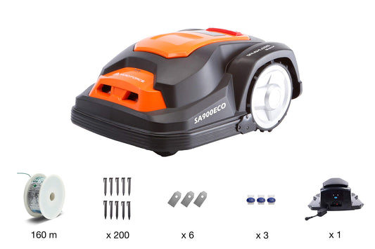 YARD FORCE robotic lawn mower SA900ECO for up to 900sqm lawn area/Self-propelled/Rain sensor/Edge cutting function/Brushless motor/40% incline/28V 2.0Ah lithium-ion battery.