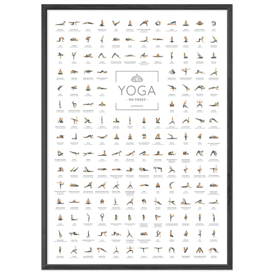 JUNOMI® Yoga Poster A2 size with black frame, yoga accessory for studios and home practice, perfect yoga gift idea, yoga exercises for beginners and professionals | with frame