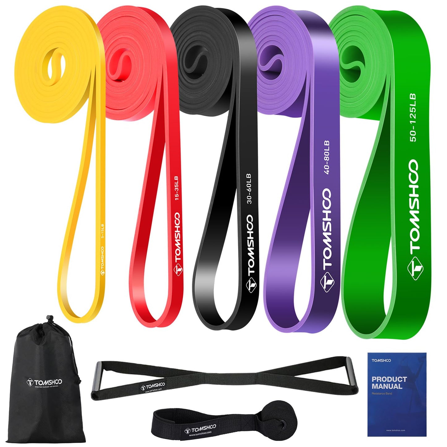 Tomshoo Elastic Strength Training Band, 5 resistance bands + 1 door anchor + 1 handle, made of natural latex, elastic, for sports, strength training, Pilates, Yoga, dancing, fitness, with storage bag.