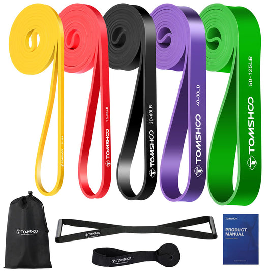 Tomshoo Elastic Strength Training Band, 5 resistance bands + 1 door anchor + 1 handle, made of natural latex, elastic, for sports, strength training, Pilates, Yoga, dancing, fitness, with storage bag.
