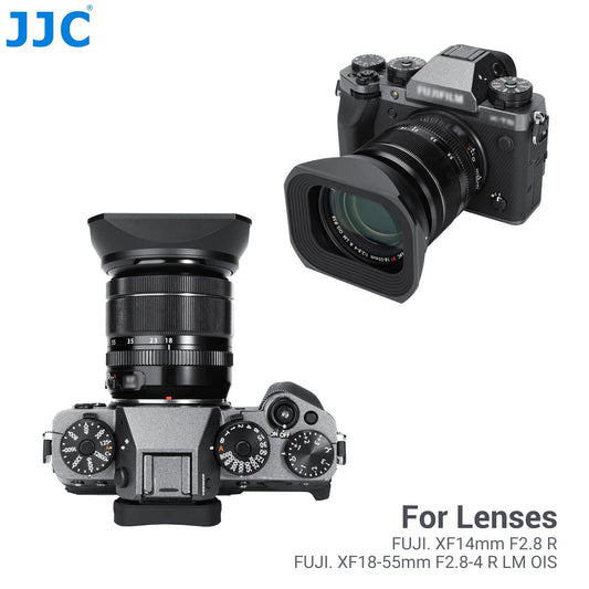 JJC metal lens hood for FUJI XF14mm F2.8 R and XF18-55mm F2.8-4 R LM OIS lenses with slide design hood cap - replaces FUJI 14/18-55 model.