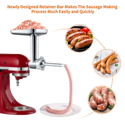 Gdrtwwh meat grinder attachment compatible with all KitchenAid stand mixers - includes 3 sausage stuffing tubes, 2 grinding blades, and 5 grinding plates.