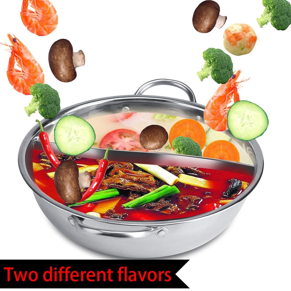 Chinese Hot Pot, Two Room Shabu-Shabu Stainless Steel Pot Deep Pot for 4-5 people, used with induction cooker/gas stove/electric oven/ceramic hob - Silver (34cm)