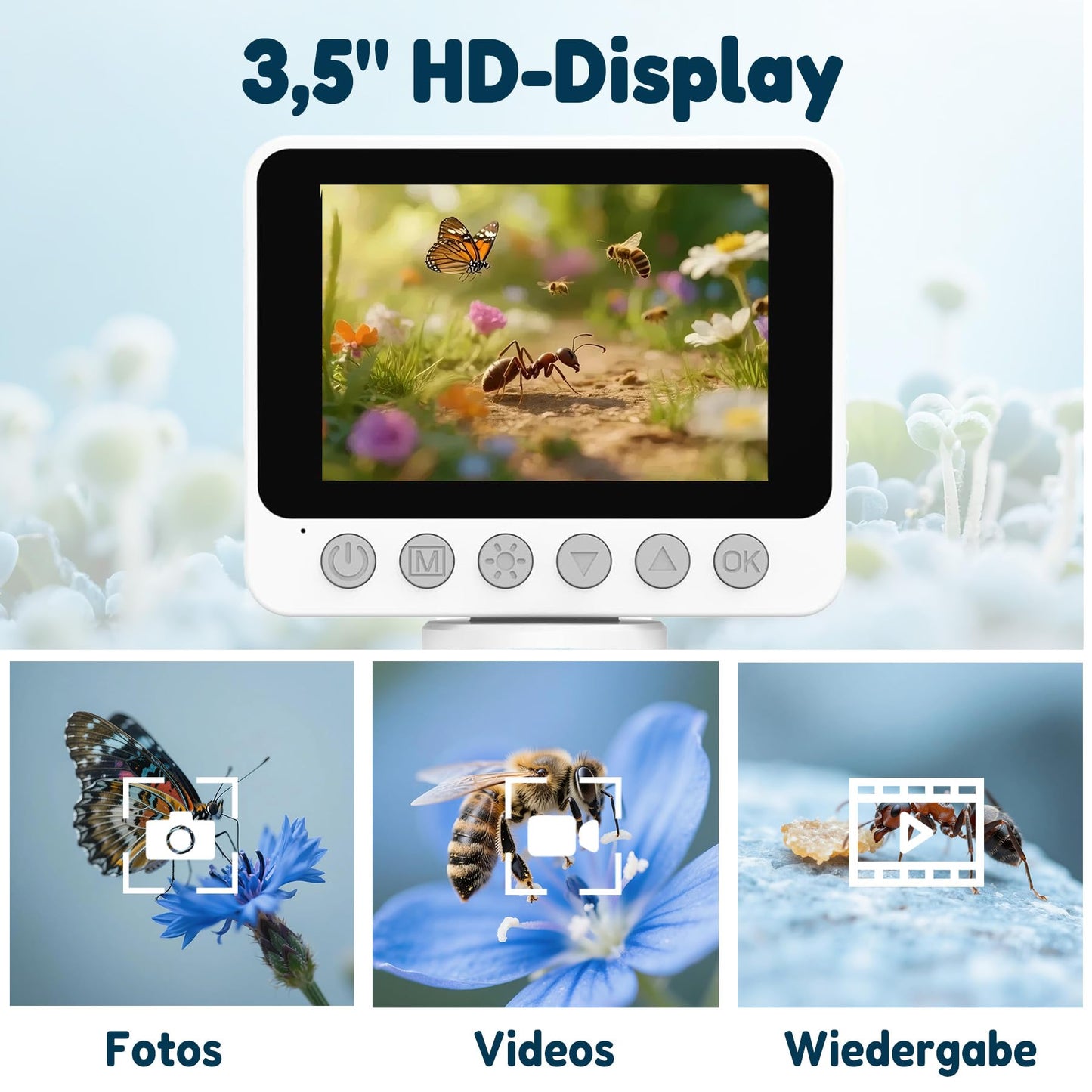 Digital microscope for kids, 100X-1000X magnification, portable microscope for children with photo and video recording, includes 32GB SD card, suitable for kids aged 6 and up.