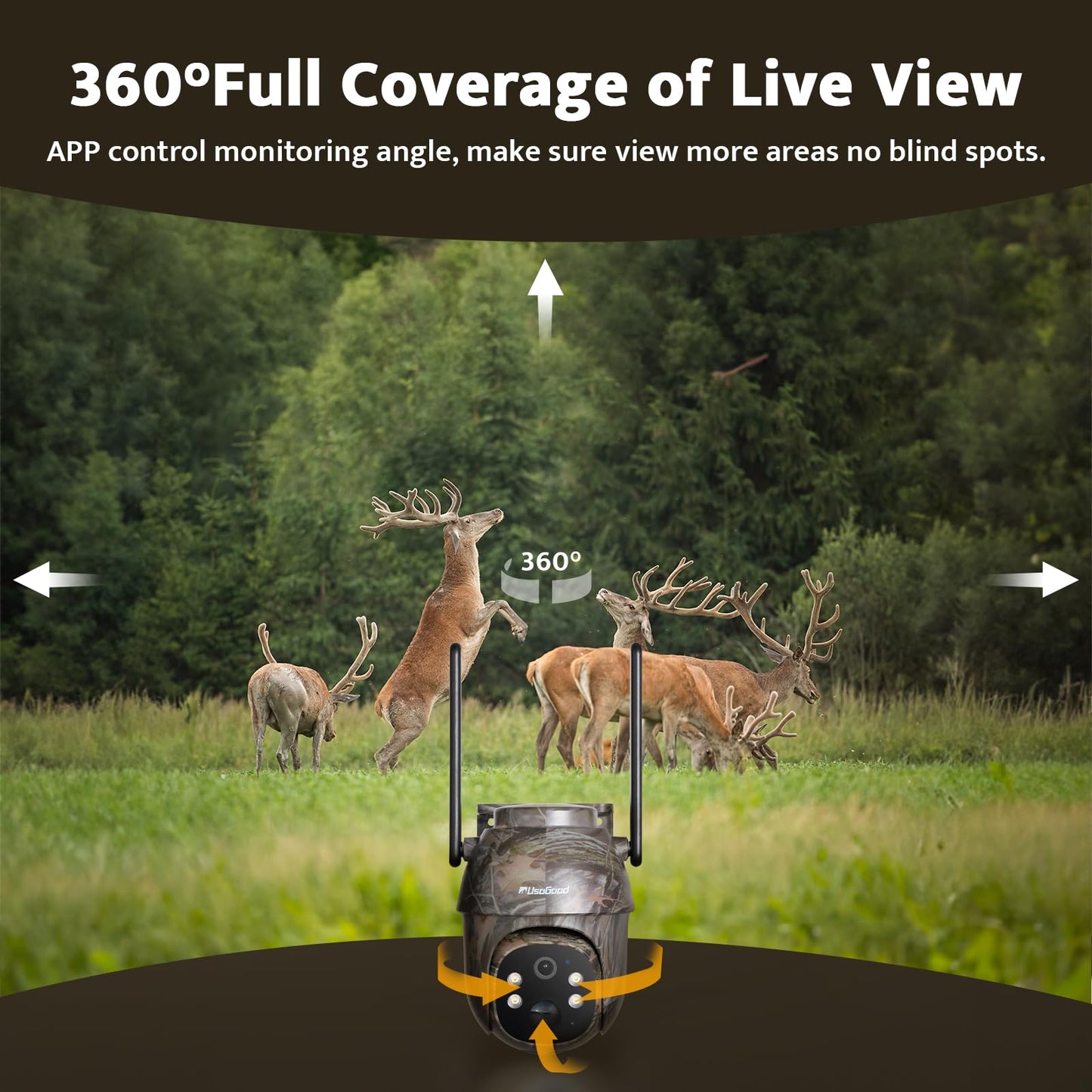 usogood 4G LTE Solar Wild Camera, 360° 2K Wildlife Camera with unlimited data plan, SIM card 32GB memory card, phone transfer app, IP66 waterproof.