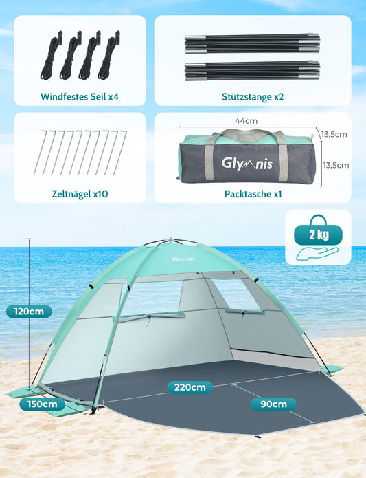 Glymnis beach tent with 2 zippered doors, UV protection UPF50+, windproof, compact size for 2-3 people.