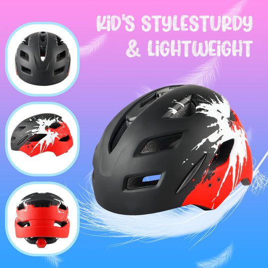 RaMokey Kids Bike Helmet, Bike Helmet with Light for Kids, Lightweight Kids Helmet with Adjustable Dial for Girls and Boys 50-56CM (ages 5-14) (Black+Red)