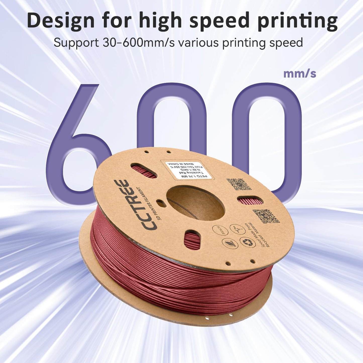 CCTREE PETG 3D Printer Filament 1.75mm, excellent toughness, precision +/- 0.03mm, 1kg spool (2.2lbs), for most FDM 3D printers, Galaxy Red