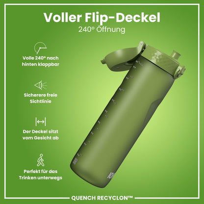 ion8 1 liter water bottle, 1000ml, leak proof, one-handed opening, secure locking, dishwasher safe, BPA-free, carrying handle, easy to clean, perfect for sports and gym, khaki green