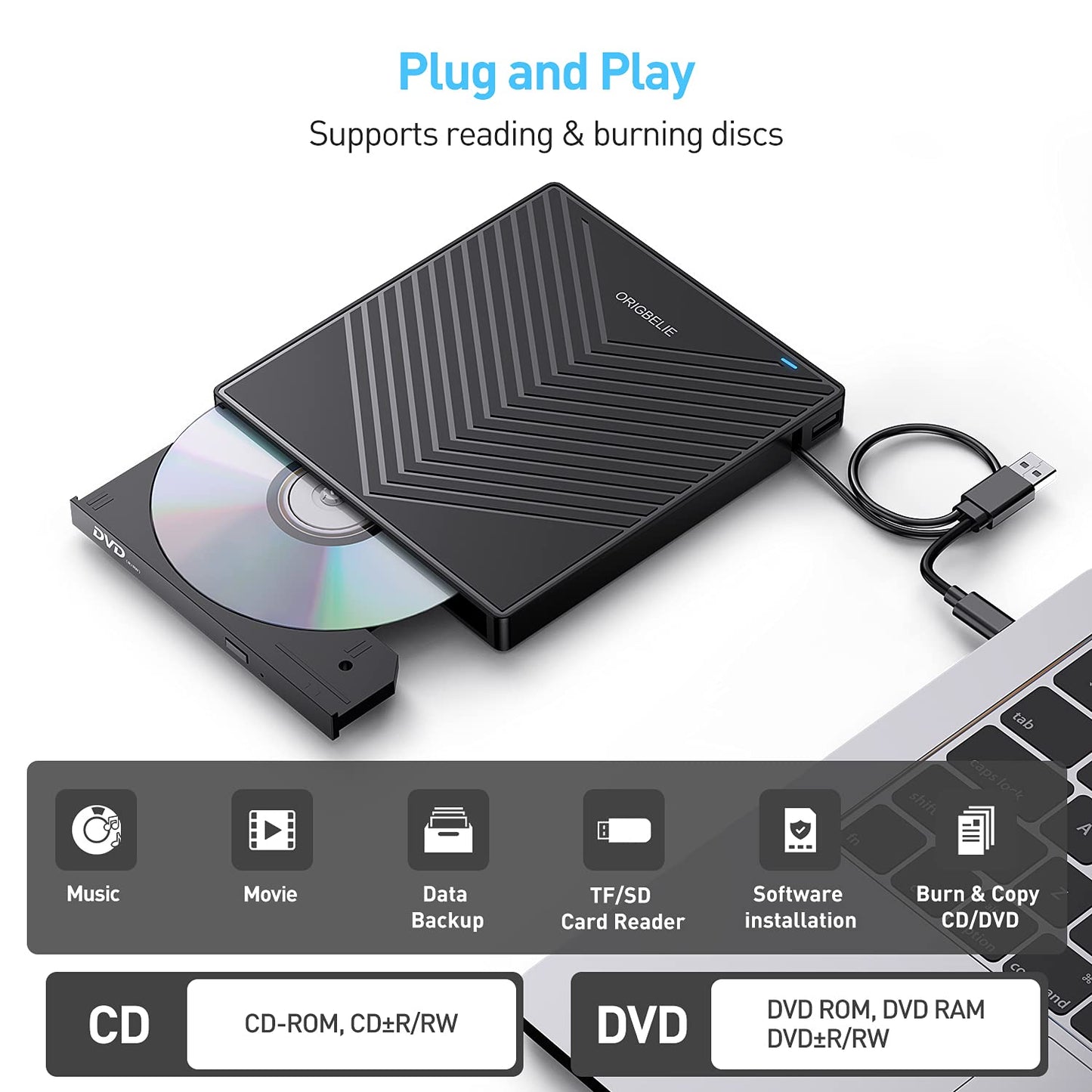 ORIGBELIE External DVD Drive, Ultra Slim CD Burner USB 3.0 with 4 USB Ports and 2 TF/SD Card Slots, Plug-and-Play External CD Drive for Laptop Mac, PC Windows 11/10/8/7, Linux OS