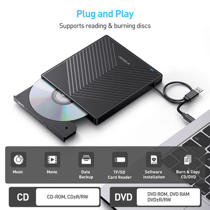 ORIGBELIE External DVD Drive, Ultra Slim CD Burner USB 3.0 with 4 USB Ports and 2 TF/SD Card Slots, Plug-and-Play External CD Drive for Laptop Mac, PC Windows 11/10/8/7, Linux OS