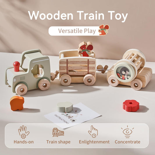 Mamimami Home Combined Train Wood Montessori Toy for Kids wooden train toy set with blocks and rattles Suitable for 1 year old boys girls