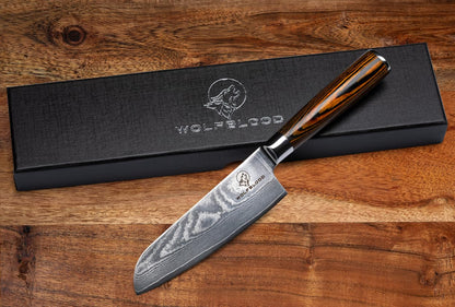 Wolfblood Damascus Santoku Knife L(24cm) Professional chef's knife made from authentic 67 layers Damascus steel I Damascus kitchen knife Santoku knife with wooden handle Gift box and blade guard