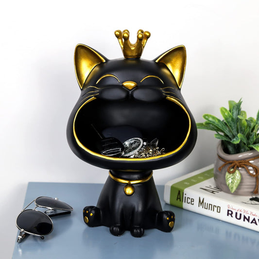 BLOOOK Laughing Cat Figurine Statue, Maneki Neko Fortune Cat Sculpture, Kawaii Cat Decor Gift, Key Tray, Jewelry Tray, Modern Decor for Living Room Home Entryway Furniture (Black)