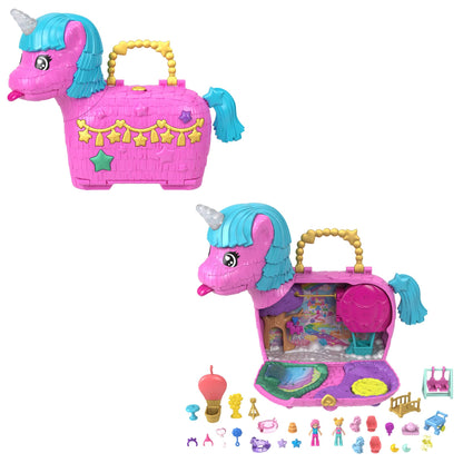 Polly Pocket dolls and playset with animals and over 25 surprise accessories, Unicorn Partyland playset for birthdays, hot air balloon ride, HYD96