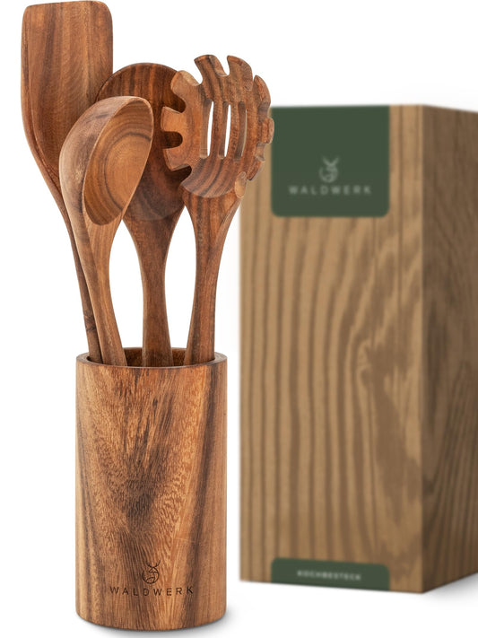 FORESTWORK kitchen utensil set made of teak wood - 4-piece cooking spoon set with spatula, wooden spoon, pasta server, and holder - wooden cooking spoons - wooden spatula - cooking utensil set