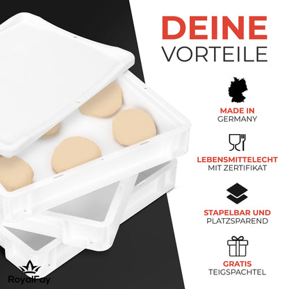 RoyalFay® Pizza Dough Ball Box - Made in Germany - Proofing Box 30x40x8 cm with Lid - food-safe & BPA-free dough box for pizza dough balls - stackable & sturdy - (white)