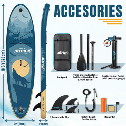 ALLPICK Premium SUP Board Set, Inflatable Stand Up Paddle Board, with Universal Camera Mount, Complete Accessories, Adjustable Paddle, for Beginners, Advanced, 200kg (Mysterious Blue)