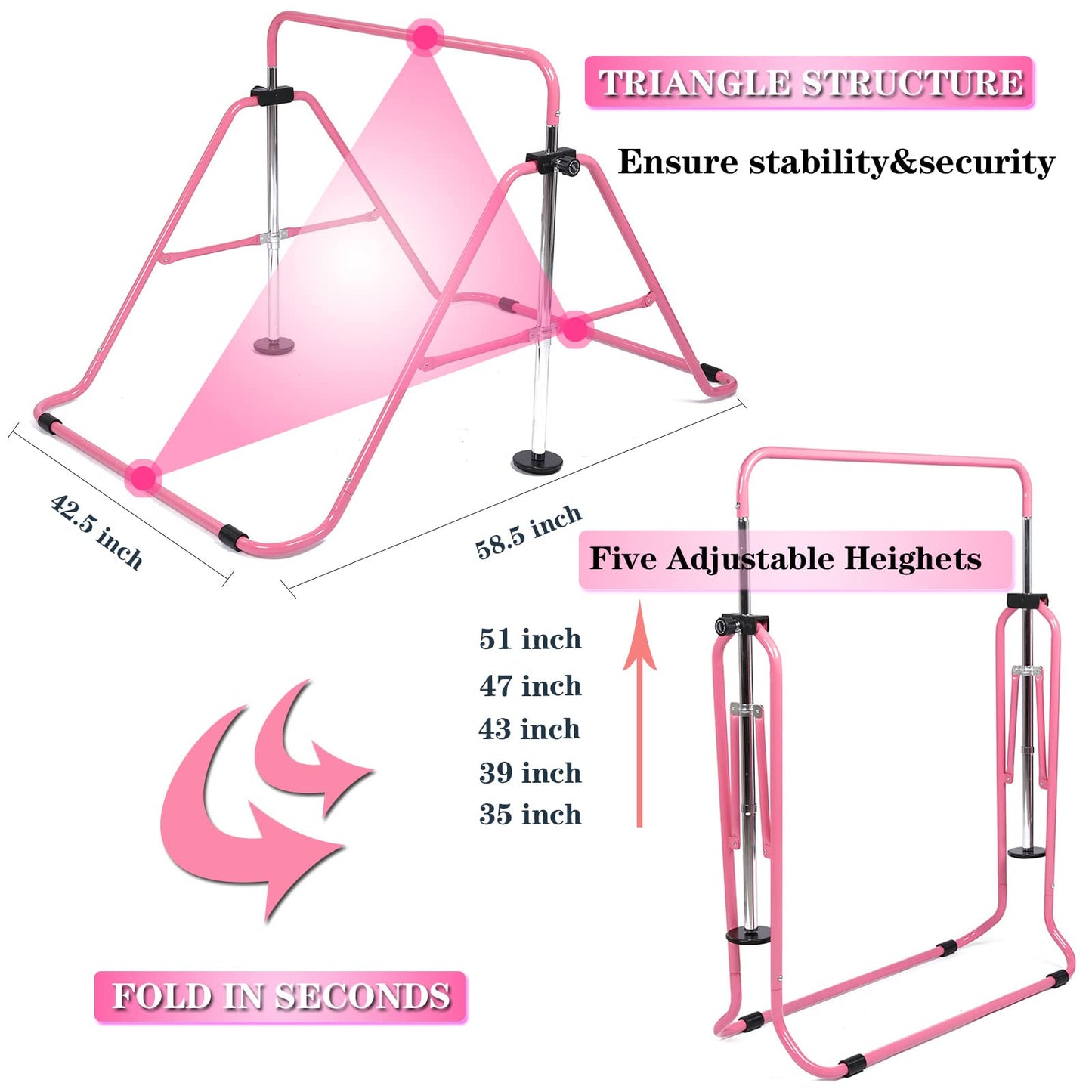 FINGER TEN Gymnastics Horizontal Kip Bar for Kids, Foldable 4 Height Adjustable Training Bars for Indoor/Outdoor Home Gymnastics (Pink)