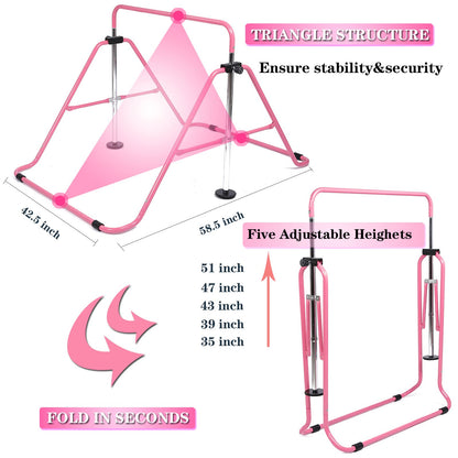 FINGER TEN Gymnastics Horizontal Kip Bar for Kids, Foldable 4 Height Adjustable Training Bars for Indoor/Outdoor Home Gymnastics (Pink)