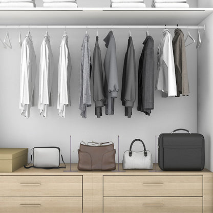 5 transparent plastic shelf dividers for cabinets, perfect for handbags, wallets, clothing, and more. Removable and ideal for organizing bedroom, kitchen, or office cabinets.