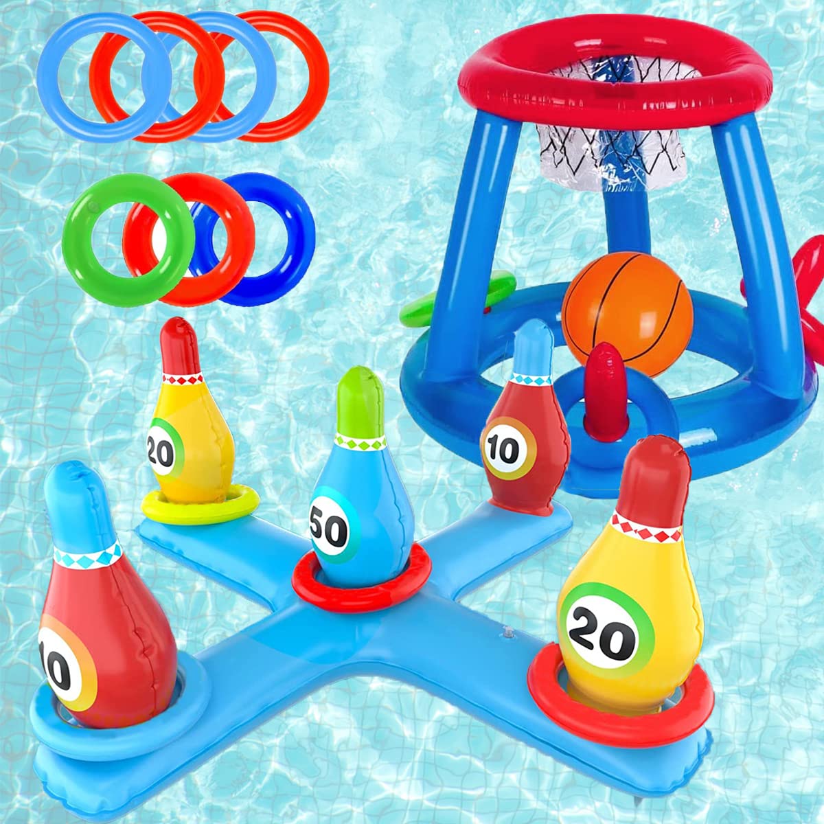 LAMOOER Inflatable Pool Basketball Toy, Bowling Cross Throw Set, Floating Swim Ring and Beach Ball Toss games, Summer Party, Fun Favors, Water Battle Game for Kids and adults.